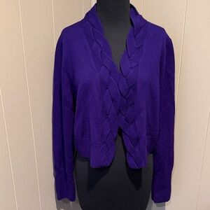B36 Elie Tahari Women’s XL Violet Braided-Trim Cropped Open Cardigan